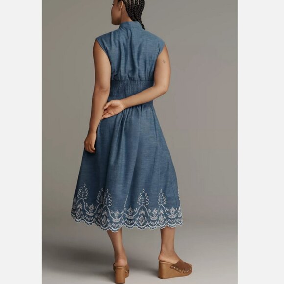 Anthropologie The Tommie Denim Chambray Zip Front Eyelet Trim Dress 2X NWT Blue - Picture 4 of 8
